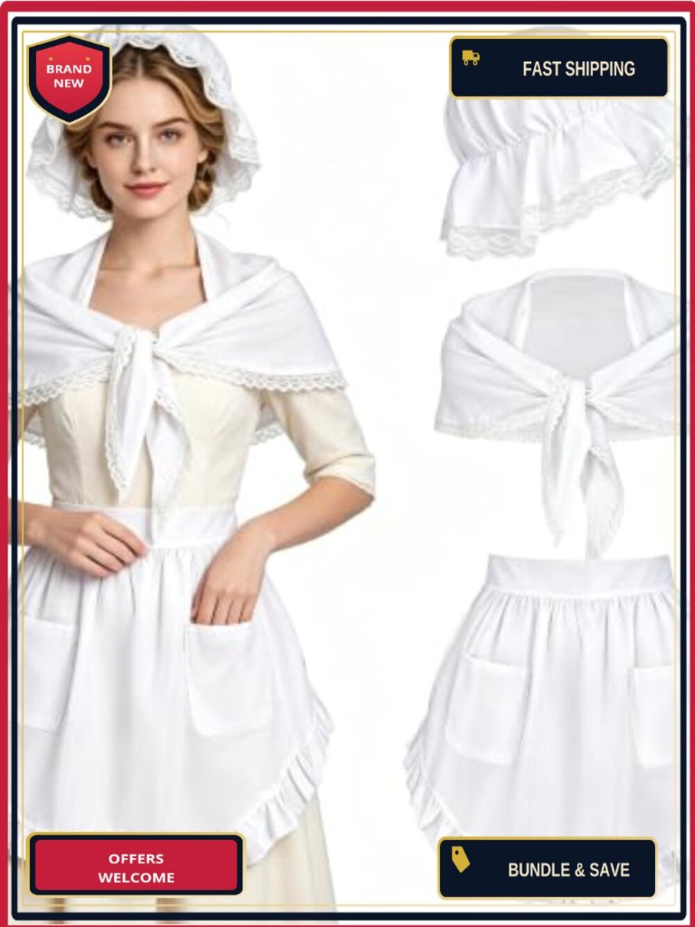 3 Pcs Colonial Costume Set Ruffled Mob Cap Half Apron Shawl Women Halloween
